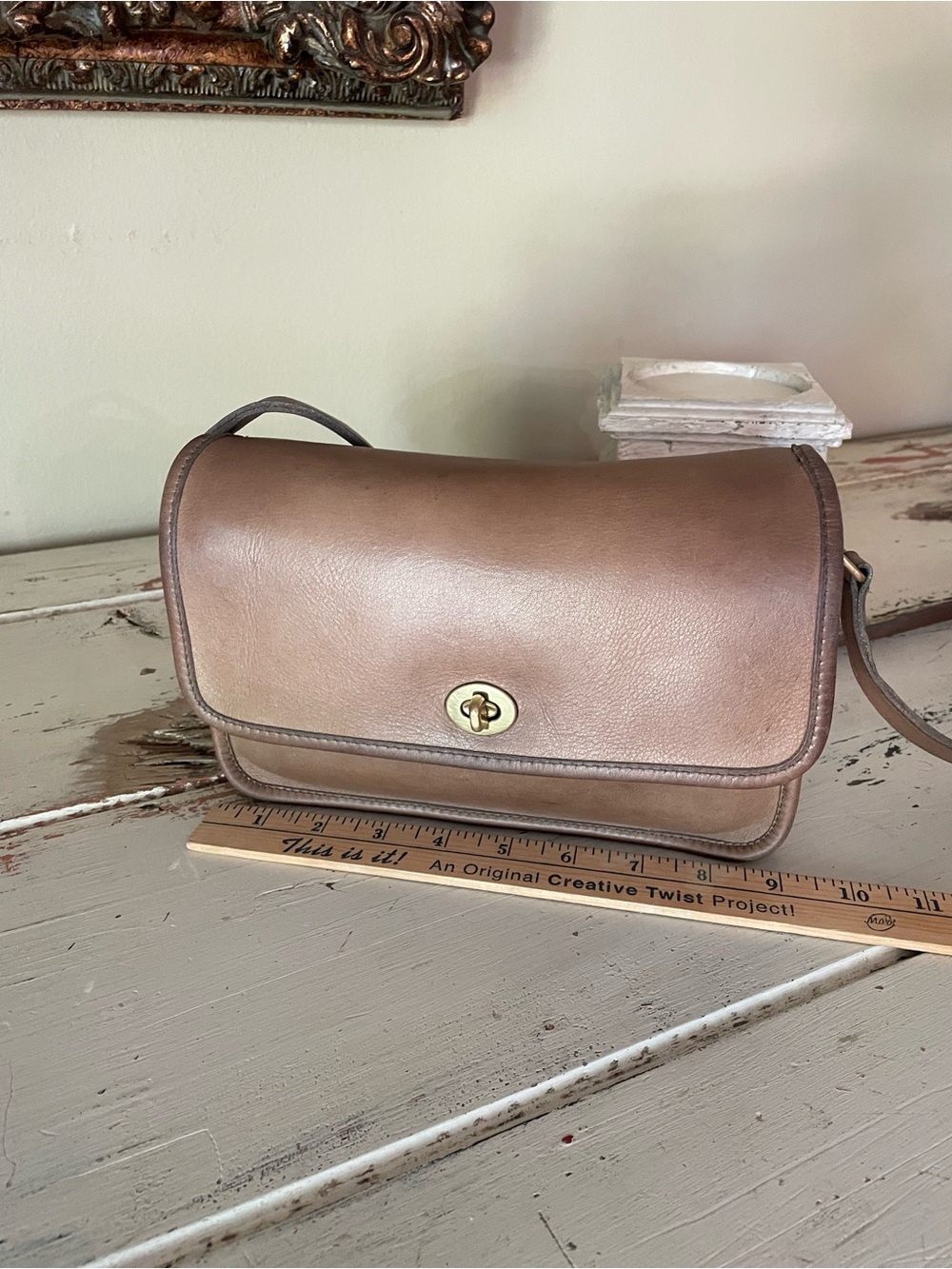vintage Coach Taupe Leather Crossbody Bag with Brass Hardware